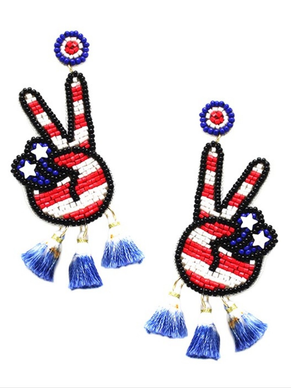 Handmade Beaded American Flag Peace Sign Tassel Earrings - Red White Blue